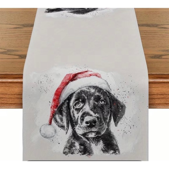 Christmas Black Labrador Dog Table Runner Red Santa Hat Holiday Home Decor 71in - Picture 4 of 6